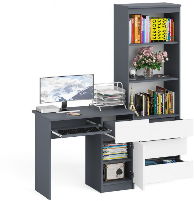Мори компьютерный стол МС-1 правый + Стеллаж МСТ600.3, графит/белый