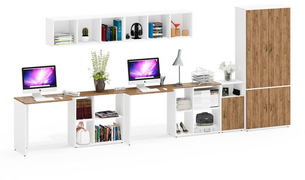 Лидер-8 Стол + Полка + Стол + Полка + Шкаф МД 20Б + Тумба МД 3.19, цвет белый шагрень/крафт золото, 450х50х75/190 или 230х200/50х75/190, НЕ ун. сб.