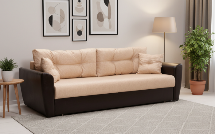 Диван-книжка Амстердам, 120х190, рогожка/экокожа, бежевый