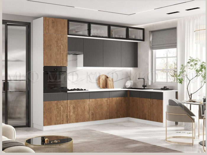 Кухня МДФ Оливия New 3000х1800 (Белый глянец / Мрамор золото, Белый)