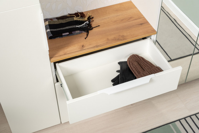 Октава Прихожая 15-123Н, цвет белый шагрень/дуб крафт золотой/фасады МДФ белый шагрень, ШхГхВ 161,5х35,4х197,6 см., универсальная сборка