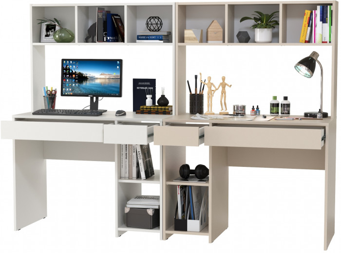 Стол компьютерный Комфорт 12.77F + Стол компьютерный Комфорт 12.77F, цвет белый шагрень/сатин, ШхГхВ 200х49,8х147 см., универсальная сборка