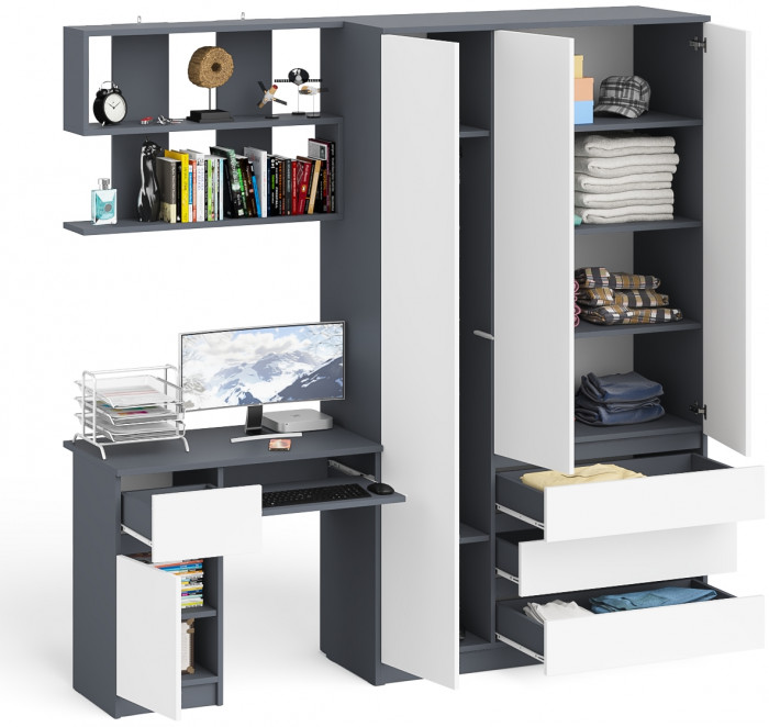 Мори Стол компьютерный МС-1 левый + Шкаф МШ1200.1 + Полка 900, цвет графит/белый, ШхГхВ 210,4х50,4х209,6 см., НЕ универсальная сборка