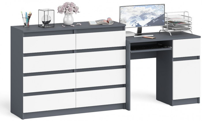 Мори Стол компьютерный МС-1 правый + Комод МК1200.8, цвет графит/белый, ШхГхВ 210,4х50х94 см., выдвижной ящик справа, НЕ универсальная сборка