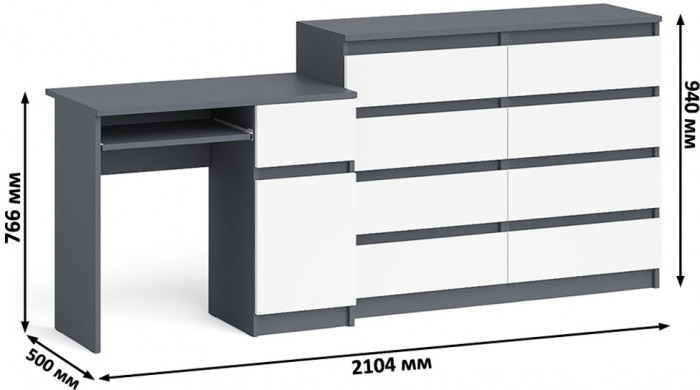 Мори Стол компьютерный МС-1 правый + Комод МК1200.8, цвет графит/белый, ШхГхВ 210,4х50х94 см., выдвижной ящик справа, НЕ универсальная сборка
