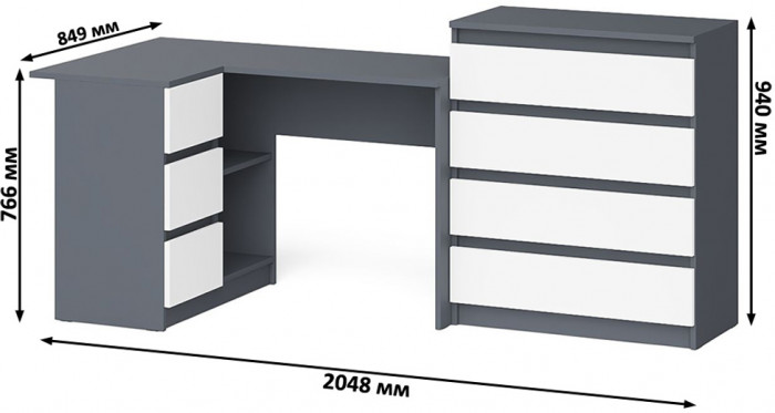 Мори Стол компьютерный МС-16 левый + Комод МК800.4, цвет графит/белый, ШхГхВ 204,8х84,9х94 см., выдвижные ящики слева, НЕ универсальная сборка