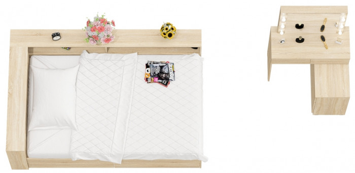 Ксения Кровать с ящиками 1200 + прикроватный блок + Столик с подсветкой 110, дуб сонома