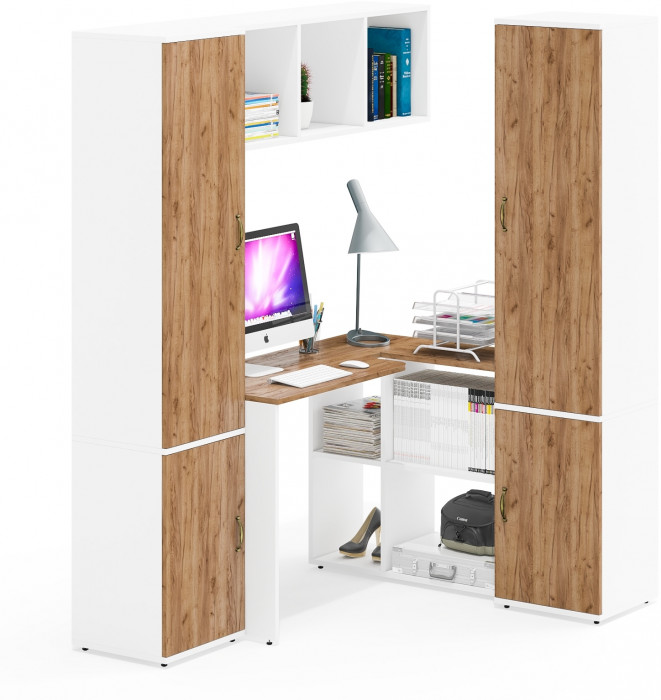 Лидер-8 Стол + Полка + Пенал МД 22Б + Пенал МД 22Б, цвет белый шагрень/крафт золото, ШхГхВ 245х50/37,5х75/190 или 115х160/50х75/190 см., НЕ ун. сб.