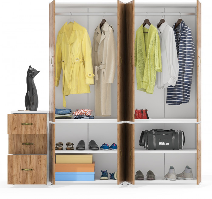 Лидер-8 Шкаф МД 19Б + Шкаф МД 19Б + Тумба МД 3.16, цвет белый шагрень/крафт золото, ШхГхВ 200х50х190 см., универсальная сборка