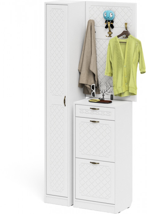 Прихожая П-6 Компоновка № 24, цвет белая шагрень/фасады МДФ белое дерево фрезеровка ромб, ШхГхВ 90х35х220 см., универсальная сборка