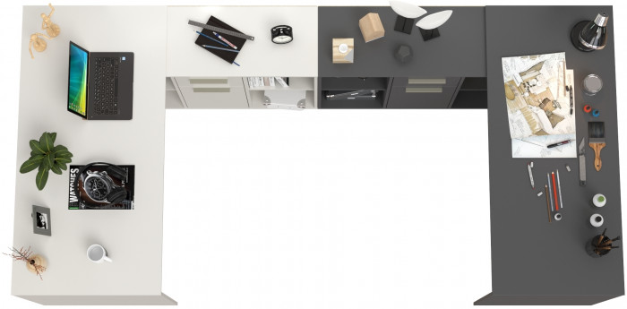 Два Стола письменных Лайт 03.245, цвет белый шагрень/тёмно-серый, ШхГхВ 342,9х136х75,2 см.(угловой) или 407,2х60х75,2 см.(прямой), универс. сборка