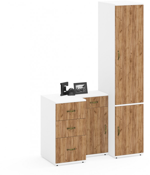 Лидер-8 Пенал МД 23Б + Тумба МД 3.15 + Тумба МД 3.16, белый шагрень/крафт золото