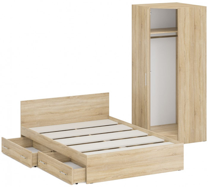 Кровать с ящиками 1400 + Шкаф угловой Стандарт, цвет дуб сонома, ШхГхВ 143,5х203,5х70 + 81,2х81,2х200 см., сп.м. 1400х2000 мм., б/м, основание есть