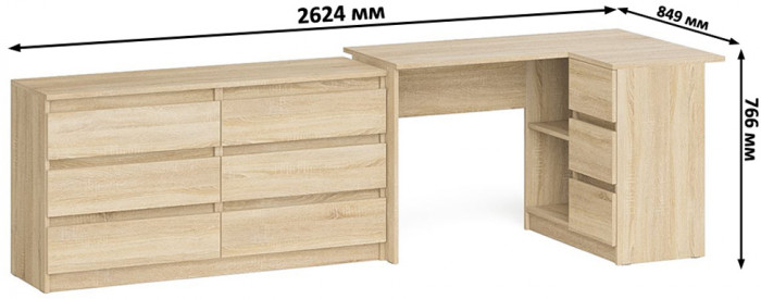 Мори Стол компьютерный МС-16 правый + Комод МК1380.6, цвет дуб сонома, ШхГхВ 262,4х84,9х76,6 см., выдвижные ящики справа, НЕ универсальная сборка