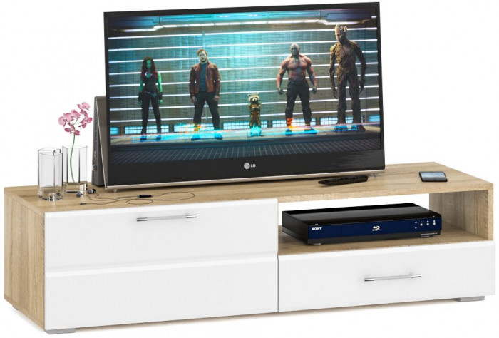 Спальня Стандарт 3-1800, дуб сонома/фасады ТВ тумбы МДФ белый глянец