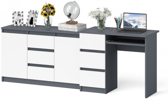 Мори компьютерный стол МС-6 левый + Комод МК1200.3, графит/белый