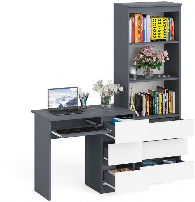 Мори компьютерный стол МС-6 правый + Стеллаж МСТ600.3, графит/белый