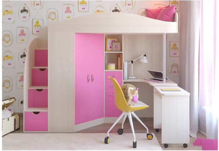 Кровать-чердак Юниор 4 (Дуб молочный/Белое дерево)