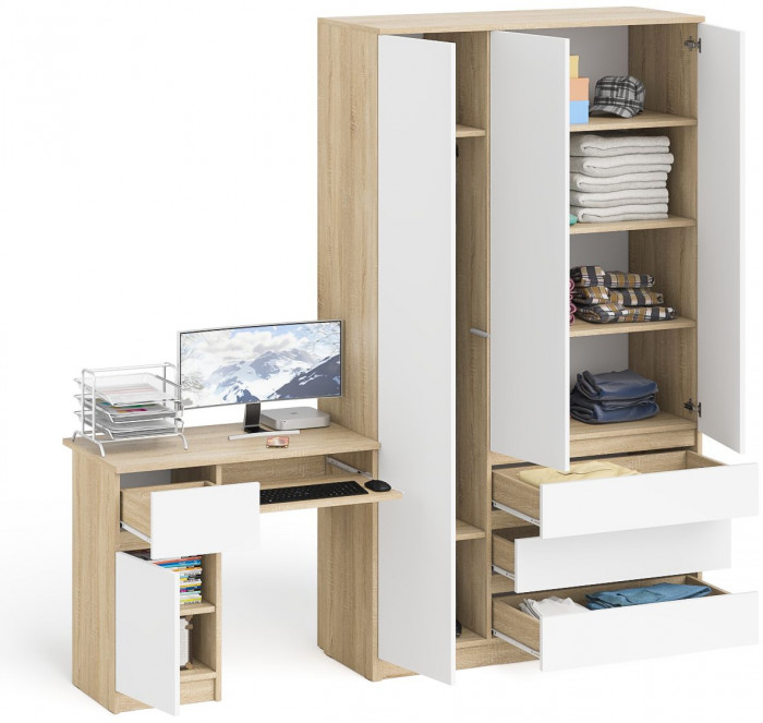 Мори Стол компьютерный МС-1 левый + Шкаф МШ1200.1, цвет дуб сонома/белый, ШхГхВ 210,4х50,4х209,6 см., выдвижной ящик слева, НЕ универсальная сборка