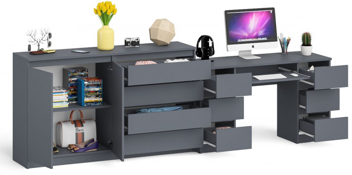 Мори Стол компьютерный МС-2 + Комод МК1600.1, цвет графит, ШхГхВ 295,8х50х94 см., универсальная сборка