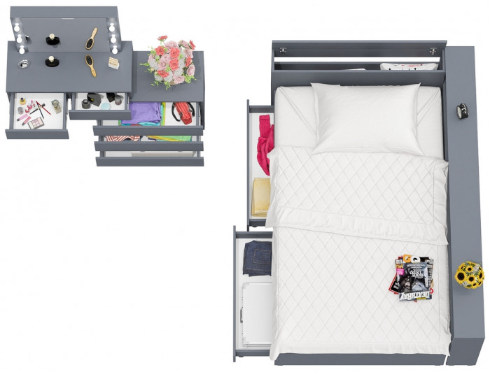 Ксения Кровать с ящиками 1200 + прикроватный блок + Столик с подсветкой 110, графит