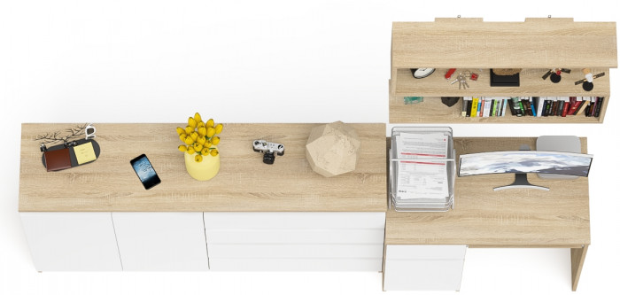 Мори Стол компьютерный МС-1 левый + Комод МК1600.1 + Полка 900, цвет дуб сонома/белый, ШхГхВ 250,4х50х209,6 см., НЕ универсальная сборка