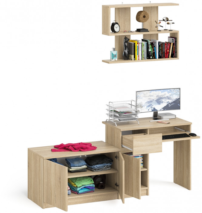 Мори компьютерный стол МС-1 левый + Тумба МА900.1 + Полка 900, дуб сонома