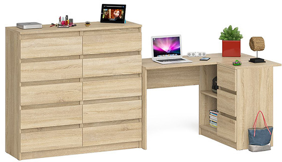 Мори компьютерный стол МС-16 правый + Комод МК1200.10, дуб сонома