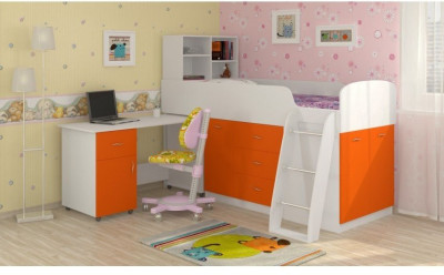 Детская кровать-чердак Дюймовочка-1, Белый / Оранжевый