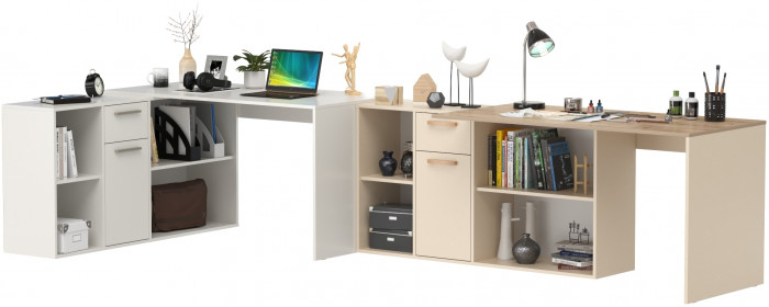 Два Стола письменных Лайт 03.245F, цвет белый шагрень/сатин/дуб эндгрейн элегантный, ШхГхВ 342,7х136х75,2 см.(угл.) или 407х68х75,2 см.(пр.), ун. сб.