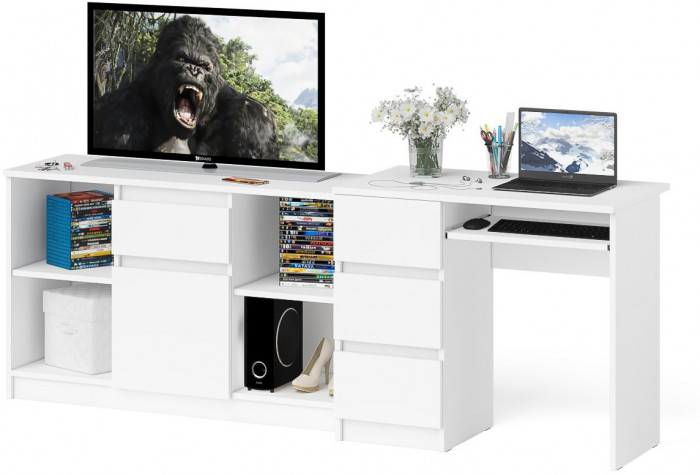 Мори Стол компьютерный МС-6 левый + Тумба МТВ1204.1, цвет белый, ШхГхВ 210,4х50х76,6 см., выдвижные ящики слева, НЕ универсальная сборка