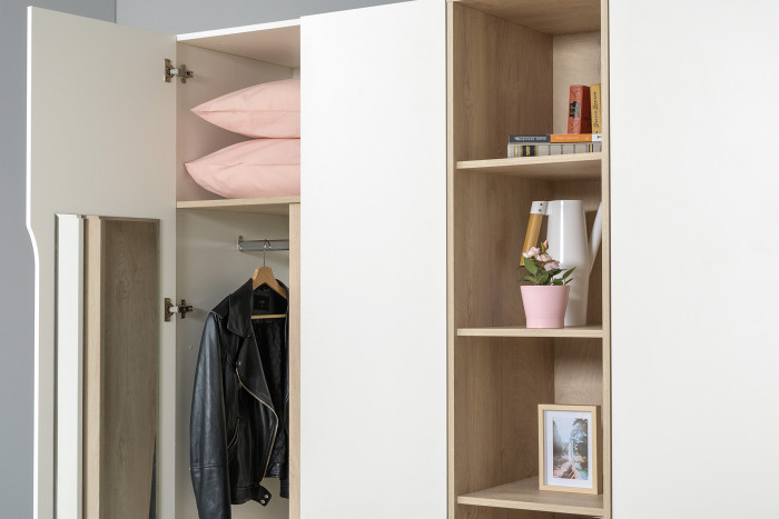 Муссон 13.198 Шкаф двухстворчатый + 13.97 Комод + Зеркало СВК, цвет белый/дуб эндгрейн элегантный, ШхГхВ 164,6х52,3х229,8 см., НЕ универсальная сборка