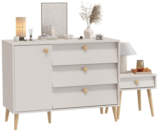 Афина Спальня Комод с дверкой и тремя ящиками + Тумба прикроватная, кашемир серый