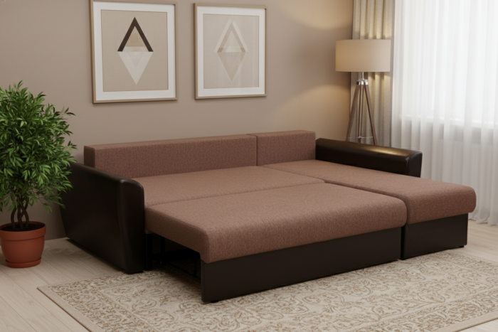 Диван-еврокнижка угловой Амстердам, 150х200, рогожка/экокожа коричневый