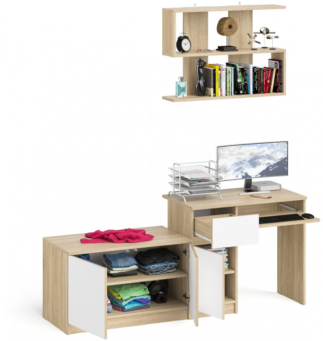 Мори компьютерный стол МС-1 левый + Тумба МА900.1 + Полка 900, дуб сонома/белый
