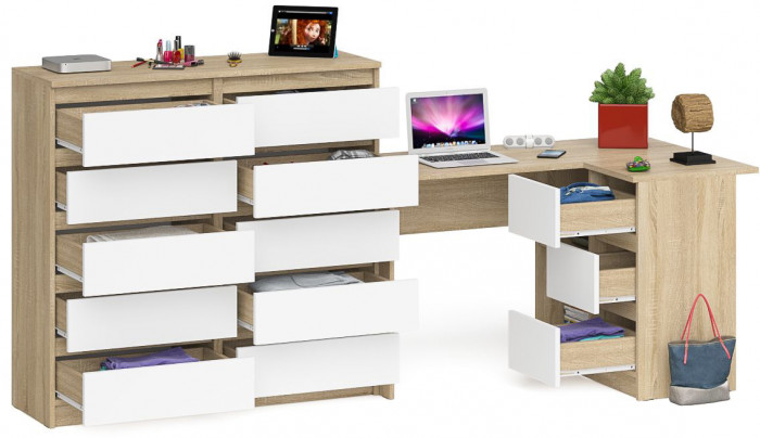 Мори компьютерный стол МС-16 правый + Комод МК1200.10, дуб сонома/белый