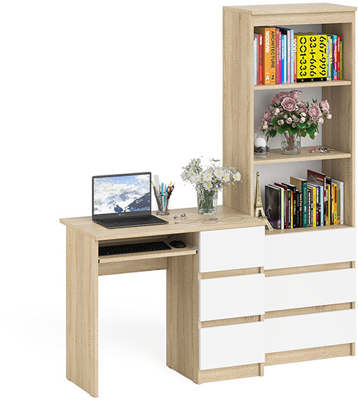 Мори компьютерный стол МС-6 правый + Стеллаж МСТ600.3, дуб сонома/белый