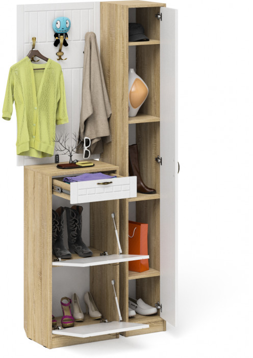 Прихожая П-6 Компоновка № 24, цвет дуб сонома/фасады МДФ белое дерево фрезеровка прованс, ШхГхВ 90х35х210 см., универсальная сборка