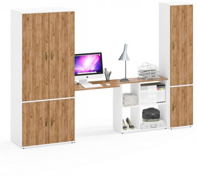 Лидер-8 Шкаф МД 19Б + Стол + Пенал 22Б, белый шагрень/крафт золото