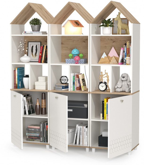 Эйп 13.14 Стеллаж + 13.14 Стеллаж + 13.14 Стеллаж, цвет белый/дуб белый, ШхГхВ 159х41,5х183,8 см., универсальная сборка