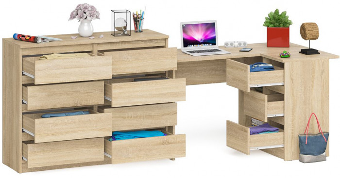 Мори компьютерный стол МС-16 правый + Комод МК1200.8, дуб сонома