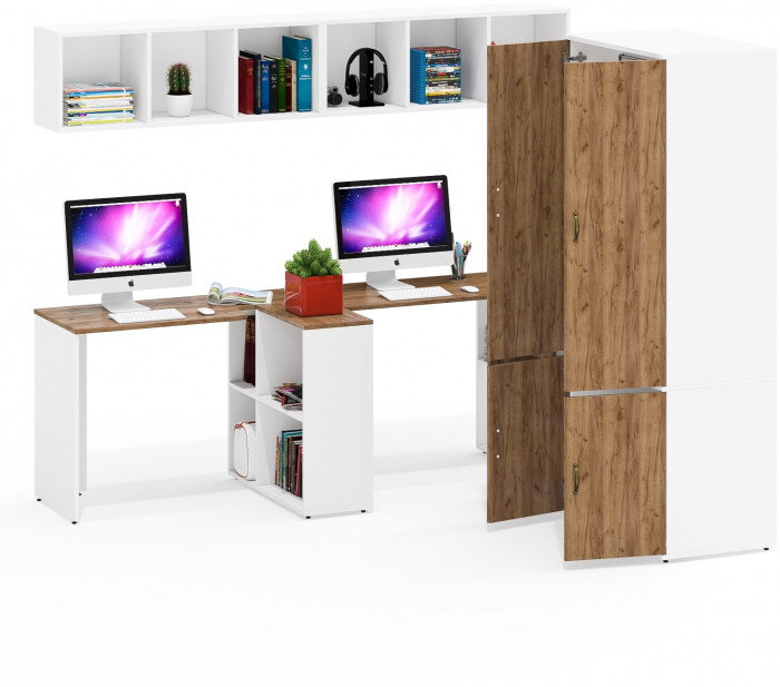 Лидер-8 Стол + Полка + Стол + Полка + Шкаф МД 19Б + Тумба МД 3.15, белый шагрень/крафт золото