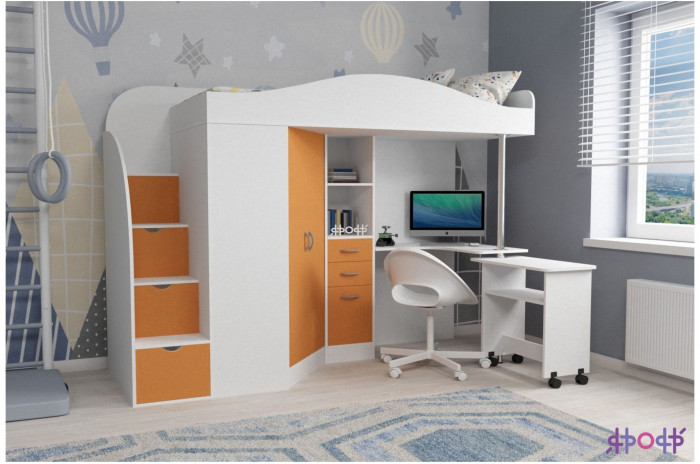 Кровать-чердак Юниор 4 (Дуб молочный/Ясень Анкор темный)