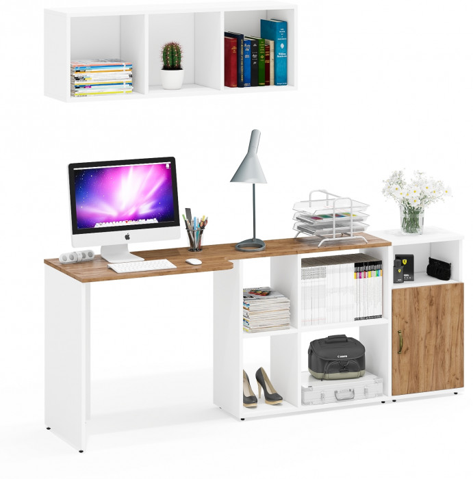 Лидер-8 Стол + Полка + Тумба МД 3.19, цвет белый шагрень/крафт золото, ШхГхВ 205х50/30х75 см. или 115х50/120х75 см., НЕ универсальная сборка