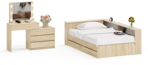 Ксения Кровать с ящиками 1200 + прикроватный блок + Столик с подсветкой 110, дуб сонома