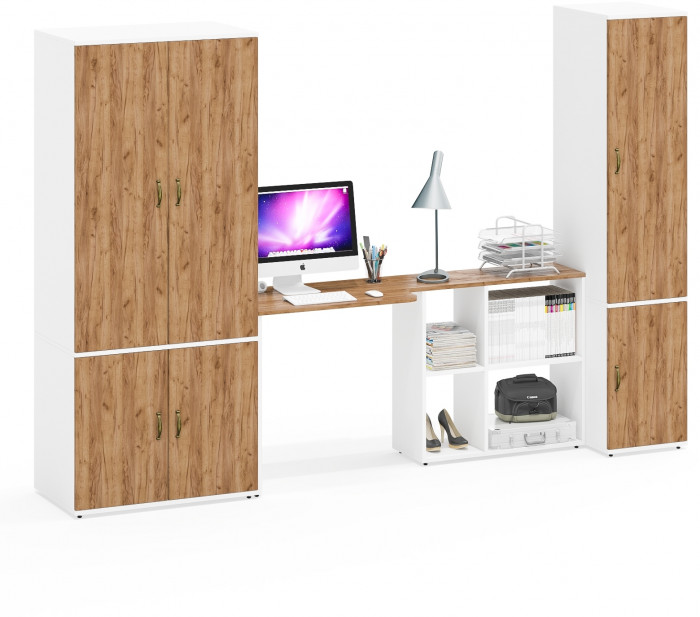 Лидер-8 Шкаф МД 19Б + Стол + Пенал 23Б, белый шагрень/крафт золото