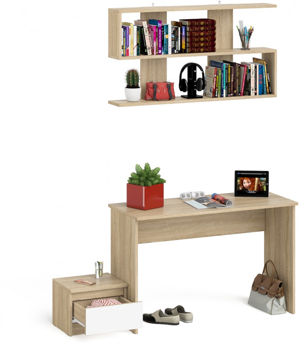 Мори письменный стол МСП1200.1 + Тумба ТМП400.1 + Полка 1200, дуб сонома/белый