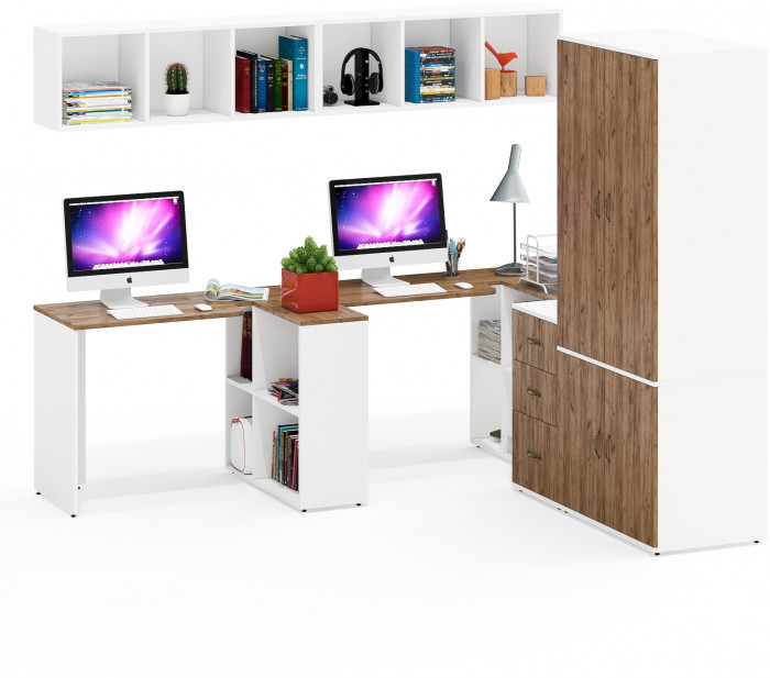 Лидер-8 Стол + Полка + Стол + Полка + Шкаф МД 19Б + Тумба МД 3.16, белый шагрень/крафт золото