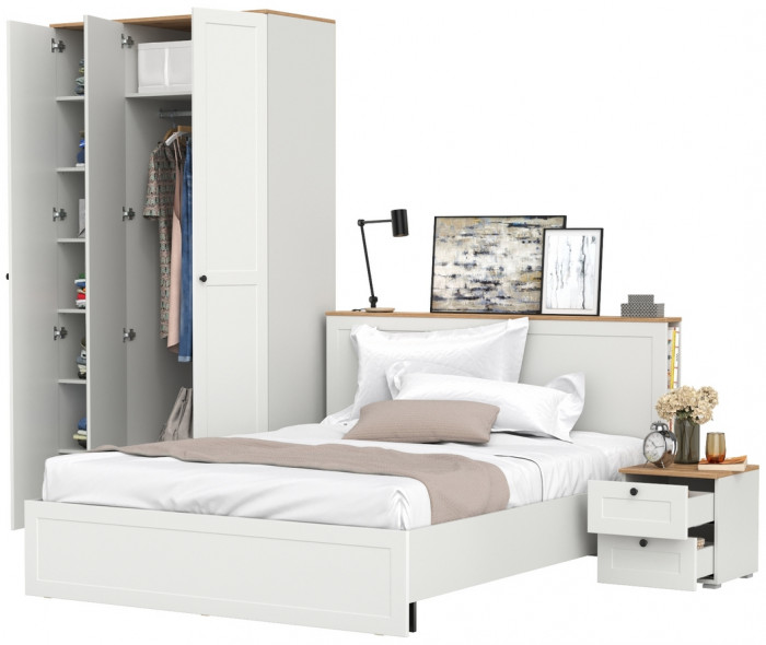 Остин 11.53 Кровать + ортопед + 13.336.03 Шкаф для одежды + 16.152 Тумба прикроватная, белый шагрень/дуб крафт золотой