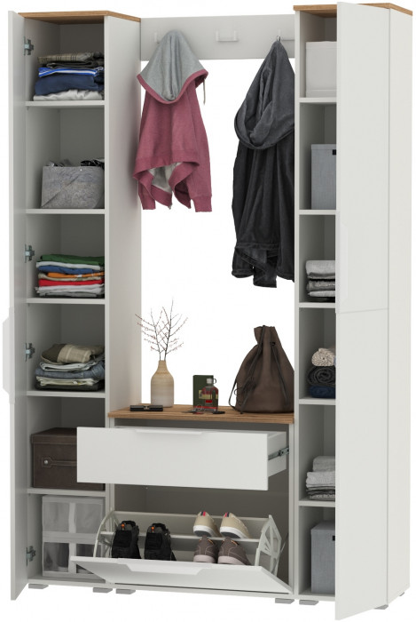 Октава Прихожая 19, цвет белый шагрень/дуб крафт золотой/фасады МДФ белый шагрень, ШхГхВ 129,3х35,4х197,6 см., универсальная сборка